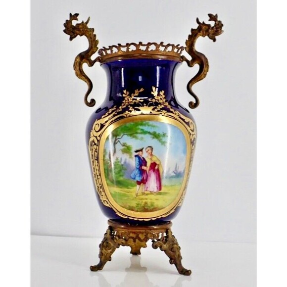 French Sevres Signed Porcelain Cobalt Blue Gilded Vase Bronze Dragon Handles 19C - Picture 7 of 11